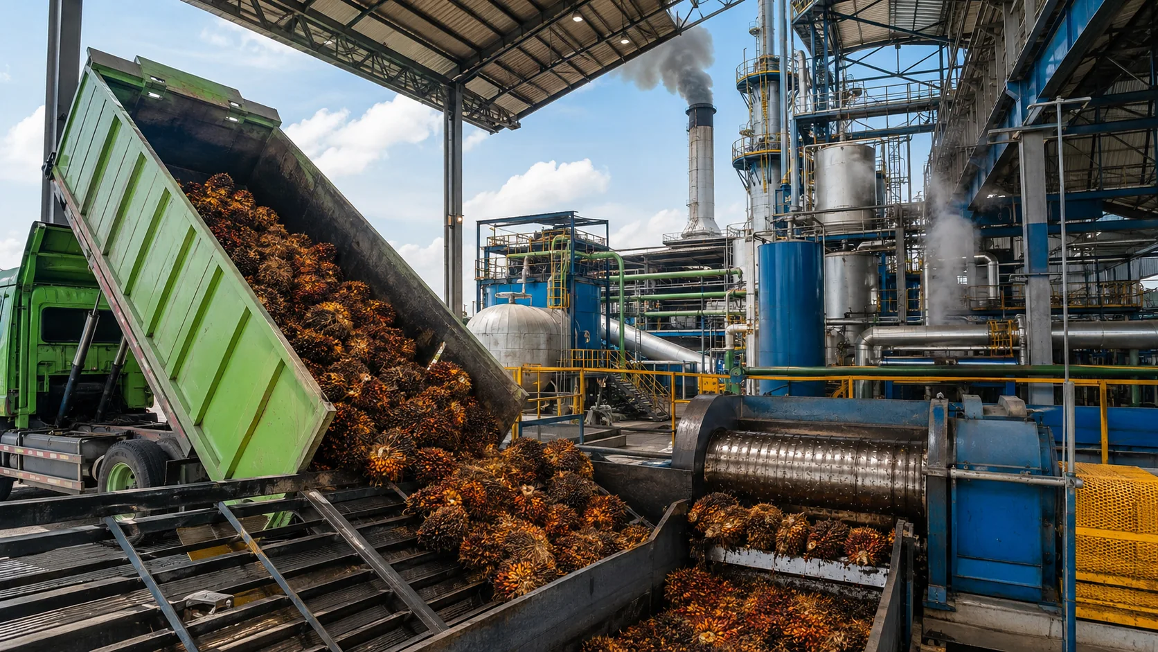 Fresh fruit bunches being received and processed at a palm oil mill