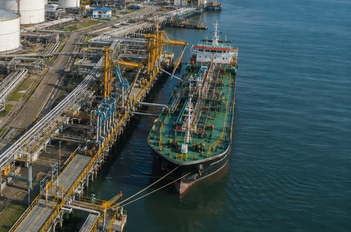 Jetty berth with liquid cargo vessel connected for CPO loading