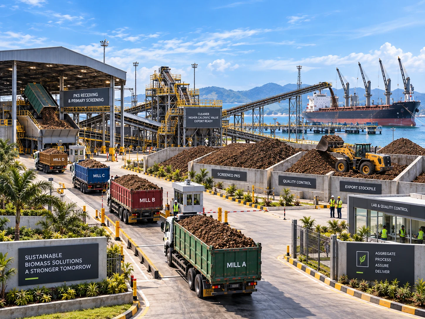 Palm Kernel Shell overview showing multiple mills feeding one controlled export programme