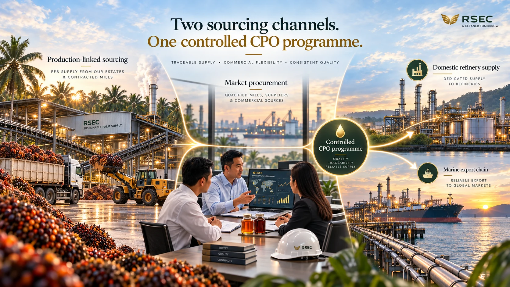 Two sourcing channels converging into one controlled CPO programme, with domestic refinery and marine export routes