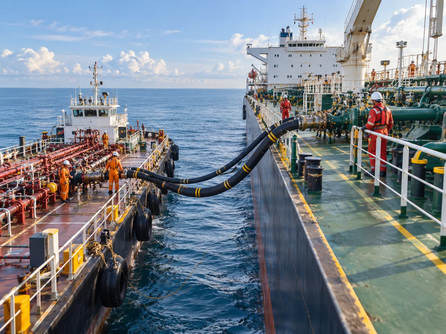 Aerial view of ship-to-ship transfer showing crude palm oil cargo transfer from barge to ocean-going tanker