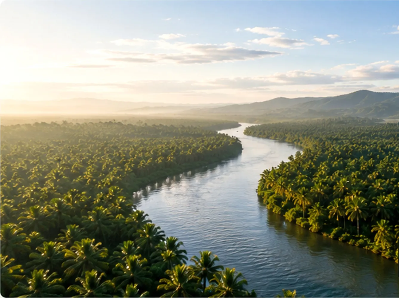 Indonesia at origin — river and tropical commodity-producing landscape